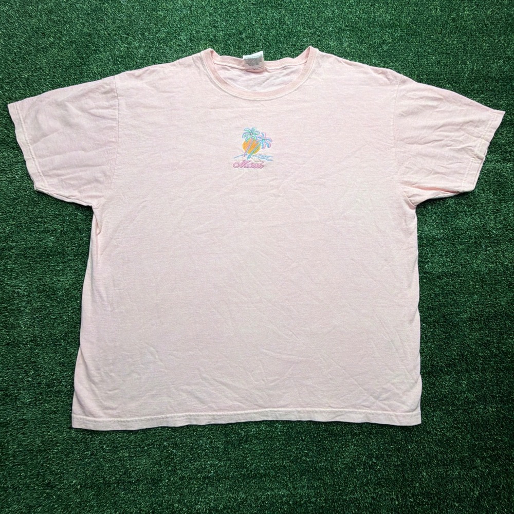 VTG 90s Hanes Her Way Maui Surf Embroidered T-Shirt Pink XL Palm Tree Tee